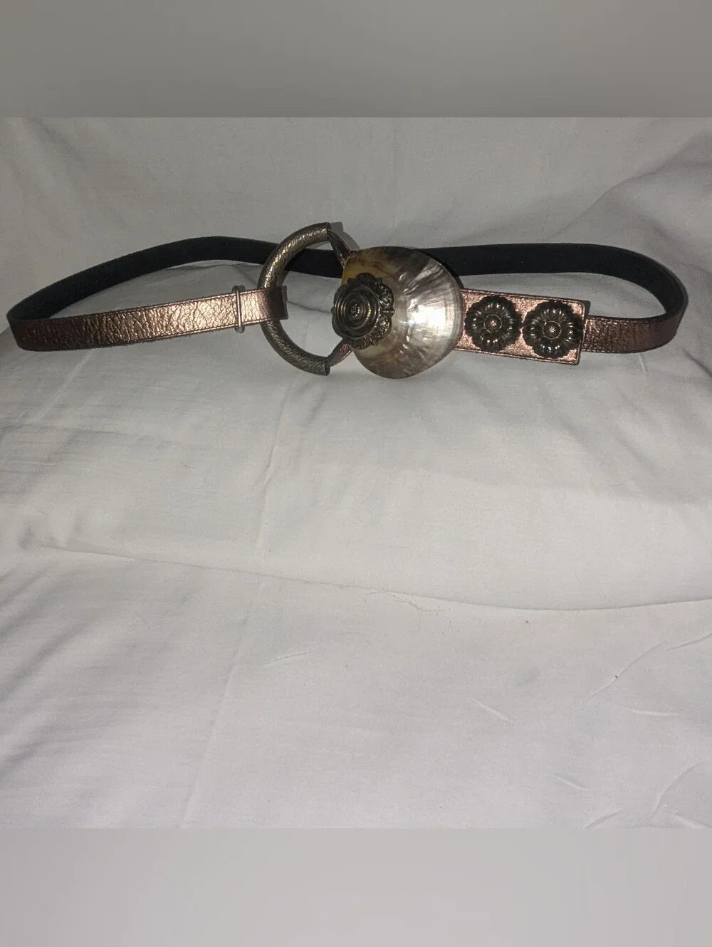 Women's Metallic Bronze Leather Statement Belt Mother Of Pearl Shell Rosette Buc